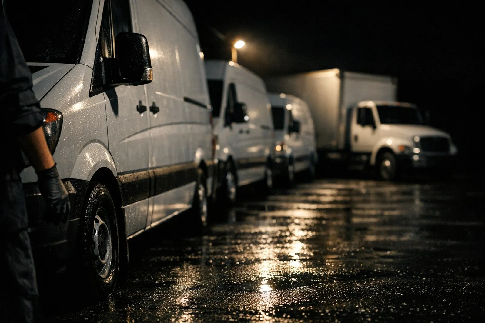 Row of white work vans and a box truck in a yard at dusk